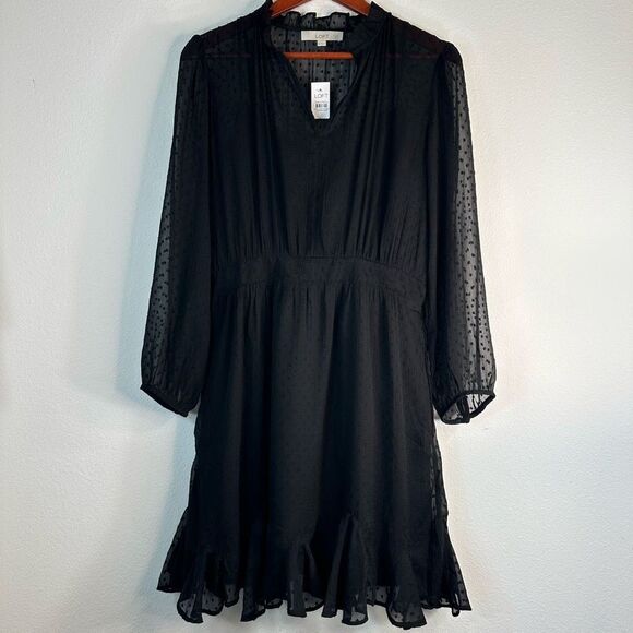 LOFT Dresses & Skirts - Loft Black Sheer Swiss Dot Pleated Long Sleeve Dress Womens 12 NWT Fairy Grunge